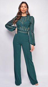 Nerine Crochet Lace Mesh Jumpsuit - Hunter Green